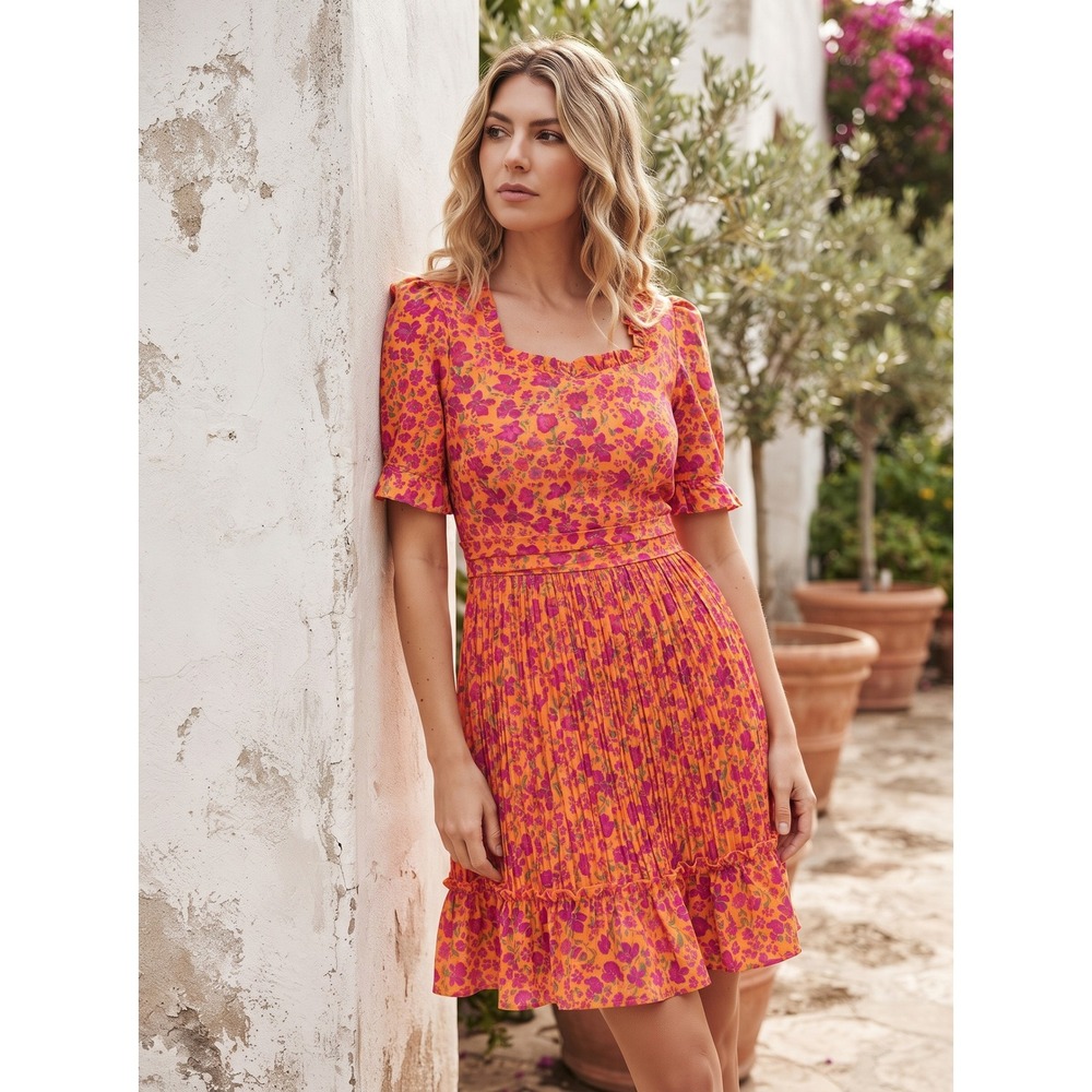 NWT Ivy City Co Raven Dress Orange Pink Floral Pleated Ruffle Mini 10